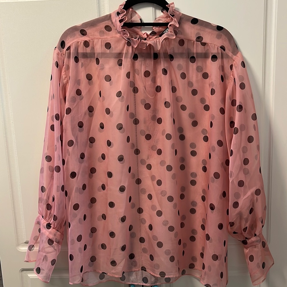 Sheer pink and black polka dot blouse from Zara size medium